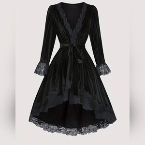 New Black Contrast Lace Velvet Asymmetrical Maxi Dress with Lace 2xl